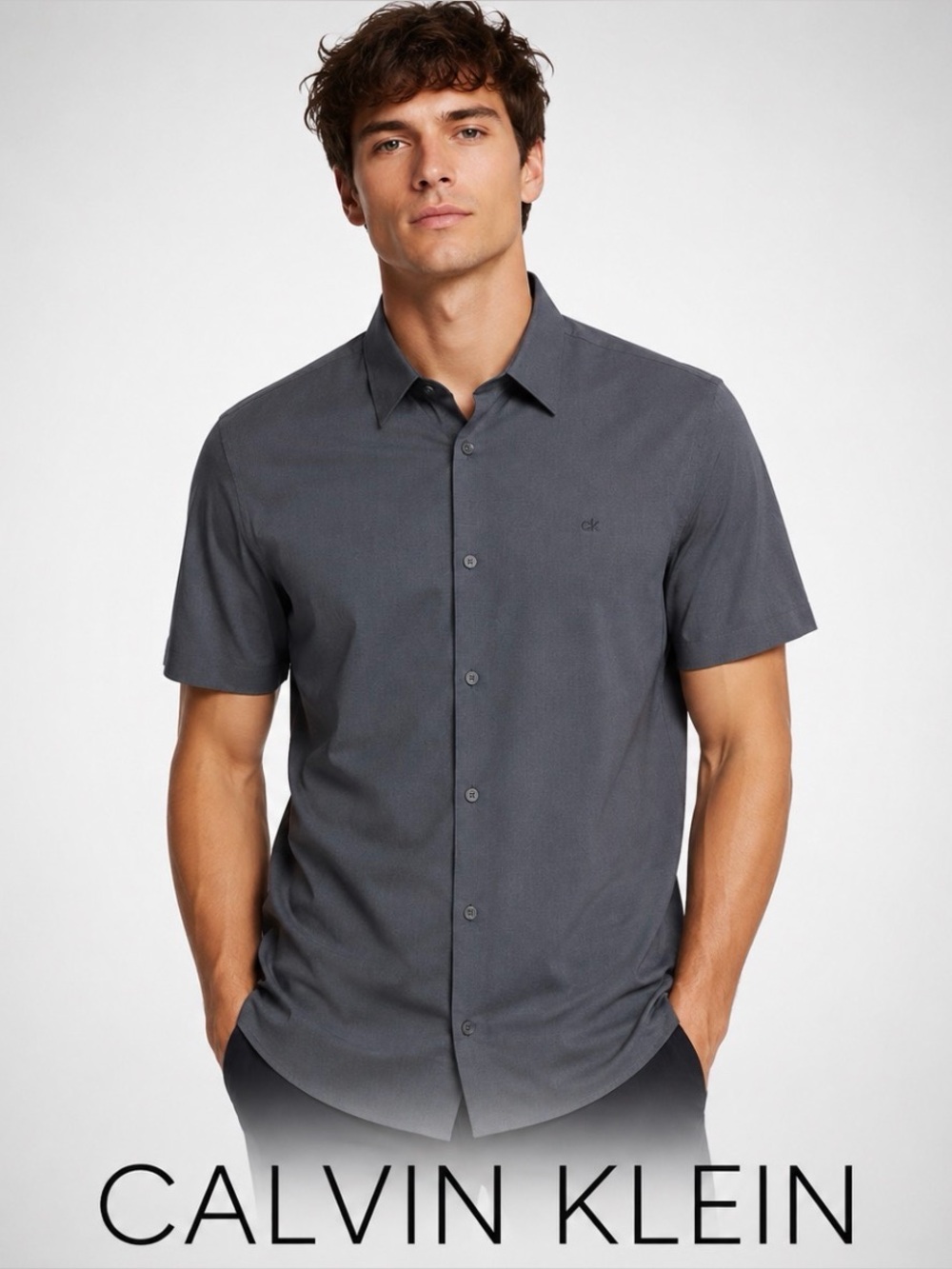 Calvin Klein Gray Stretch Short Sleeve Button Up Shirt Men M Casual Office Logo